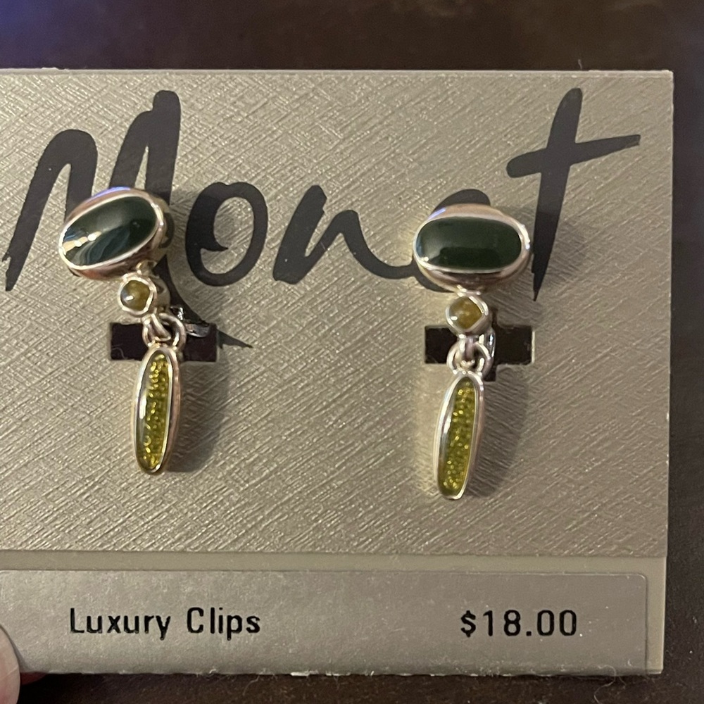 Vintage Monet Luxury Clip Earrings Dark and Light Green and Goldtone, Signed